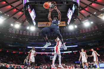 Jan 28, 2026; New York, New York, USA;  Butler Bulldogs guard Ethan McComb (3) dunks in the second half against the St. John's Red Storm at Madison Square Garden. Mandatory Credit: Wendell Cruz-Imagn Images