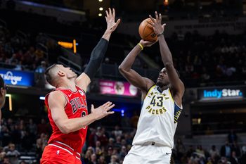 Jan 28, 2026; Indianapolis, Indiana, USA;  Indiana Pacers forward Pascal Siakam (43) shoots the ball while Chicago Bulls center Nikola Vučević (9) defends in the second half at Gainbridge Fieldhouse. Mandatory Credit: Trevor Ruszkowski-Imagn Images