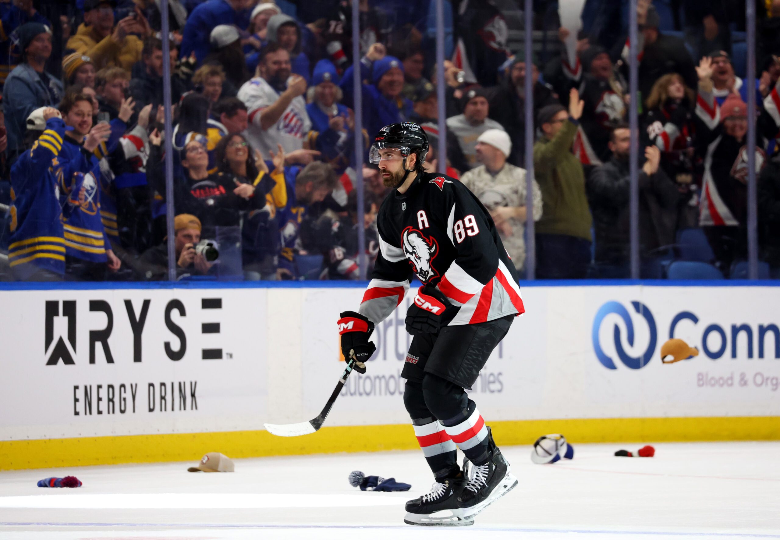 Jan 29, 2026; Buffalo, New York, USA;  Buffalo Sabres right wing Alex Tuch (89) reacts after scoring his third goal of the game against the Los Angeles Kings at KeyBank Center. Mandatory Credit: Timothy T. Ludwig-Imagn Images