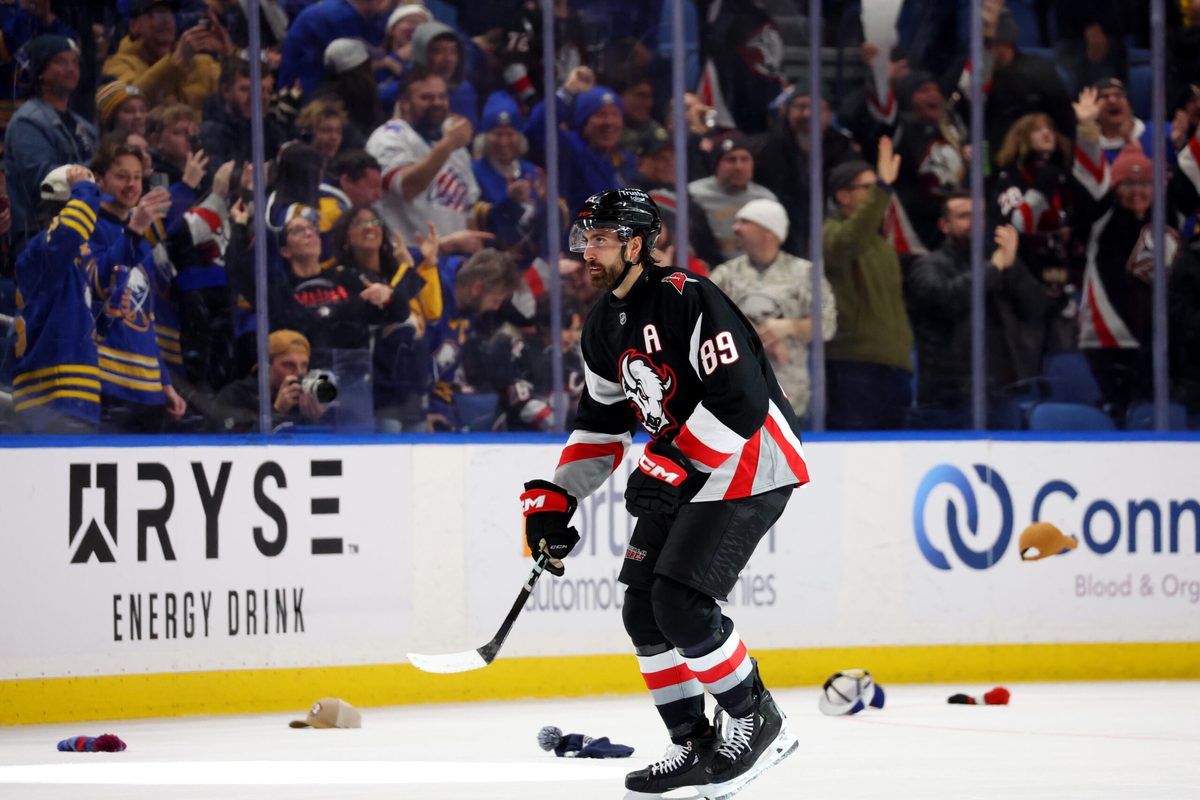 Jan 29, 2026; Buffalo, New York, USA; Buffalo Sabres right wing Alex Tuch (89) reacts after scoring his third goal of the game against the Los Angeles Kings at KeyBank Center. Mandatory Credit: Timothy T. Ludwig-Imagn Images