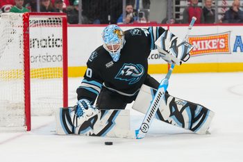 Jan 29, 2026; Raleigh, North Carolina, USA;  Utah Mammoth goaltender Karel Vejmelka (70) makes a save against the Carolina Hurricanes during the third period at Lenovo Center. Mandatory Credit: James Guillory-Imagn Images