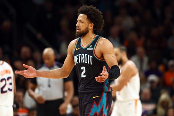 Jan 29, 2026; Phoenix, Arizona, USA; Detroit Pistons guard Cade Cunningham (2) reacts against the Phoenix Suns in the first half at Mortgage Matchup Center. Mandatory Credit: Mark J. Rebilas-Imagn Images