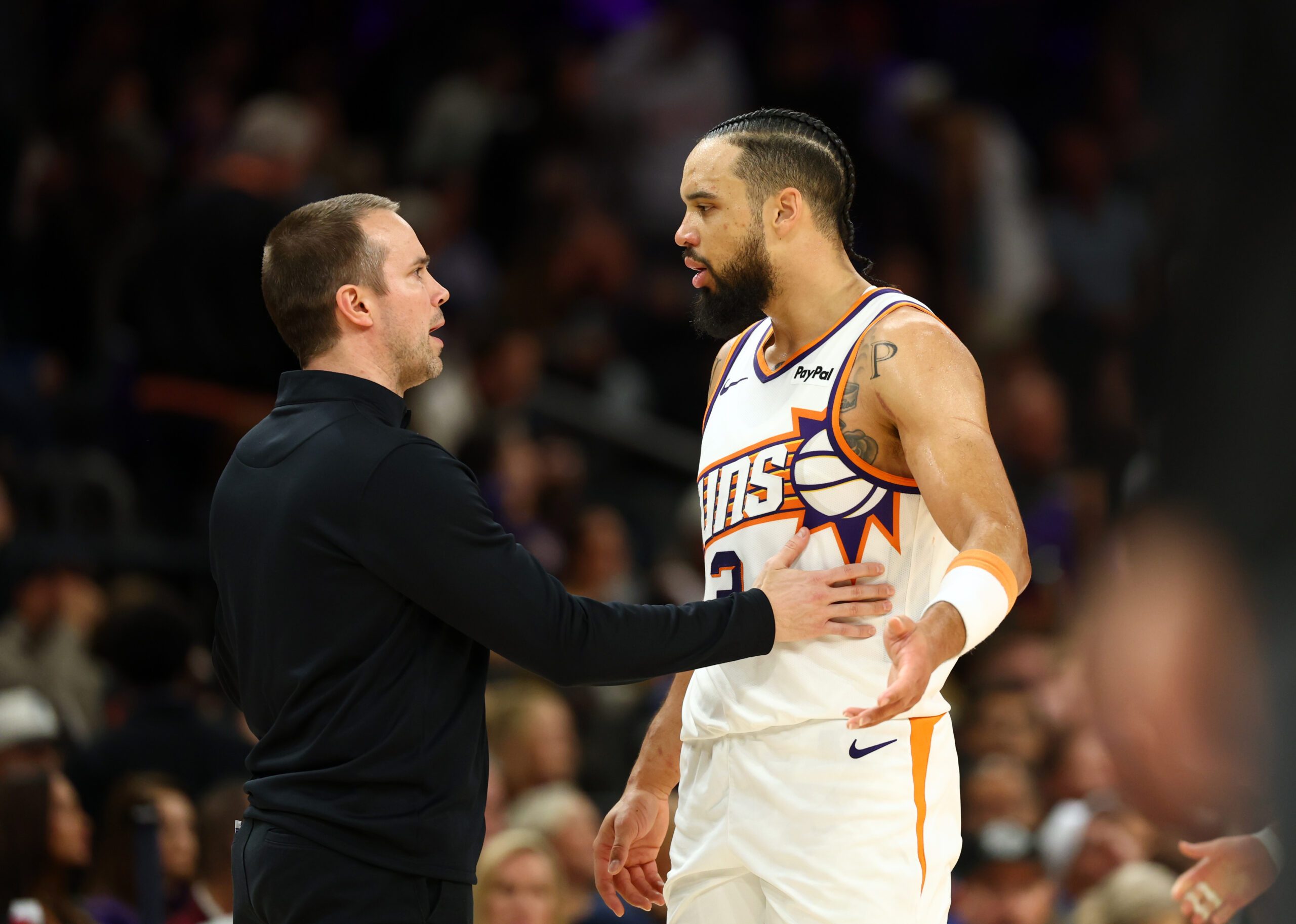 Jan 29, 2026; Phoenix, Arizona, USA; Phoenix Suns head coach Jordan Ott with forward Dillon Brooks (3) against the Detroit Pistons in the second half at Mortgage Matchup Center. Mandatory Credit: Mark J. Rebilas-Imagn Images