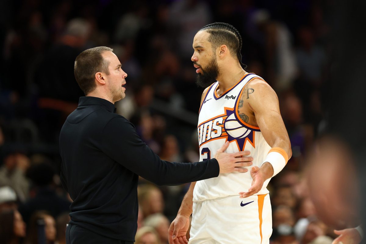Jan 29, 2026; Phoenix, Arizona, USA; Phoenix Suns head coach Jordan Ott with forward Dillon Brooks (3) against the Detroit Pistons in the second half at Mortgage Matchup Center. Mandatory Credit: Mark J. Rebilas-Imagn Images