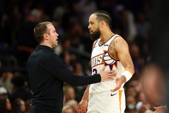 Jan 29, 2026; Phoenix, Arizona, USA; Phoenix Suns head coach Jordan Ott with forward Dillon Brooks (3) against the Detroit Pistons in the second half at Mortgage Matchup Center. Mandatory Credit: Mark J. Rebilas-Imagn Images
