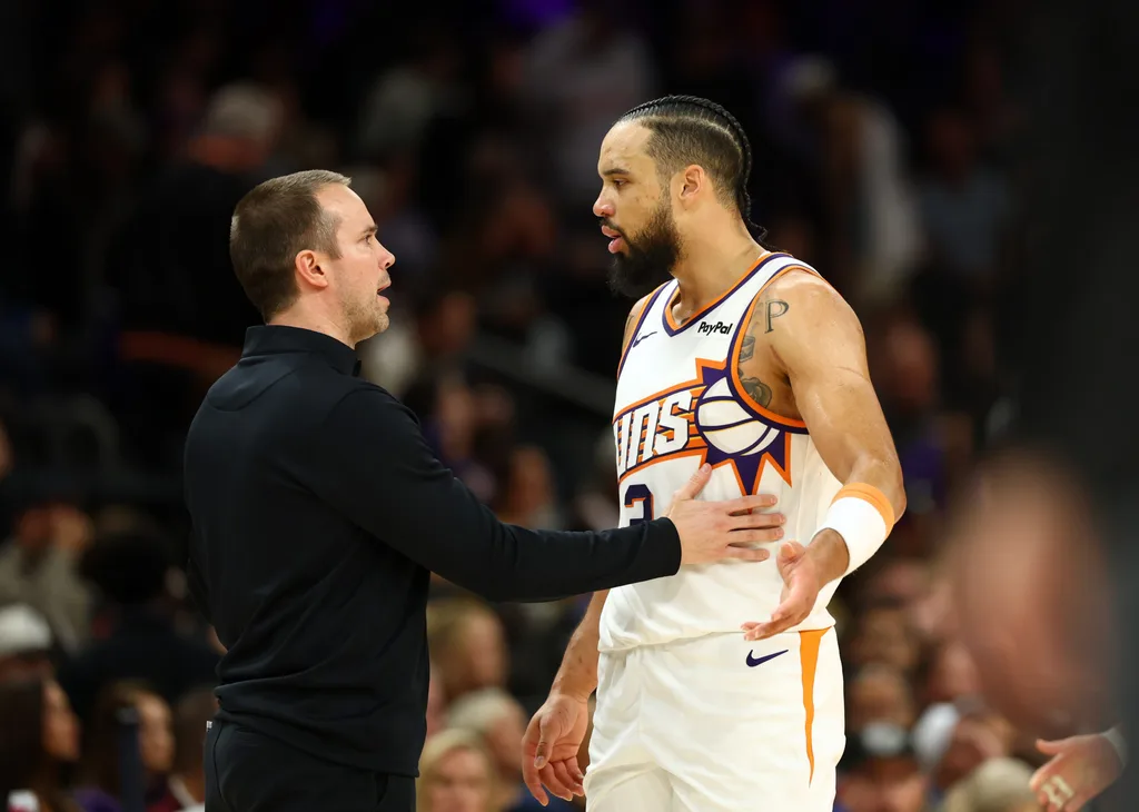 Jan 29, 2026; Phoenix, Arizona, USA; Phoenix Suns head coach Jordan Ott with forward Dillon Brooks (3) against the Detroit Pistons in the second half at Mortgage Matchup Center. Mandatory Credit: Mark J. Rebilas-Imagn Images