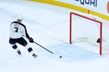 Jan 30, 2026; Chicago, Illinois, USA;  Columbus Blue Jackets center Charlie Coyle (3) scores a goal against the Chicago Blackhawks during the third period at the United Center. Mandatory Credit: Matt Marton-Imagn Images