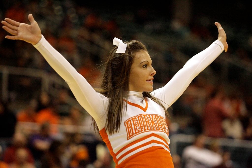 Mar 13, 2010; Katy, TX, USA; Sam Houston State Bearkats cheerleader cheers on her team against the Stephen F. Austin Lumberjacks in the second half of the championship game of the 2010 Southland Conference Tournament at the Merrell Center. Sam Houston State defeated Stephen F. Austin 64-48. Mandatory Credit: Brett Davis-Imagn Images