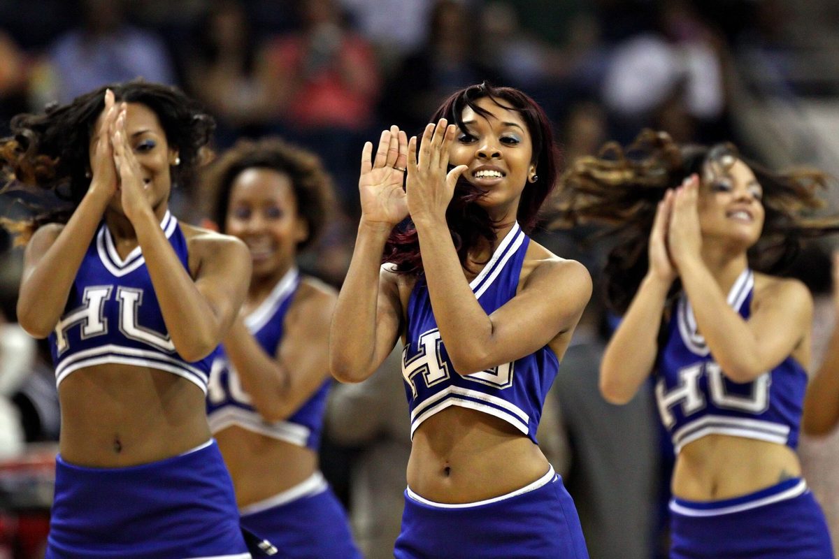Mar 17, 2012; Norfolk, VA, USA; The Hampton Pirates cheerleaders perform during a time out against the Stanford Cardinal during the first half in the first round of the 2012 NCAA women's basketball tournament at Ted Constant Center.  Mandatory Credit: Peter Casey-Imagn Images