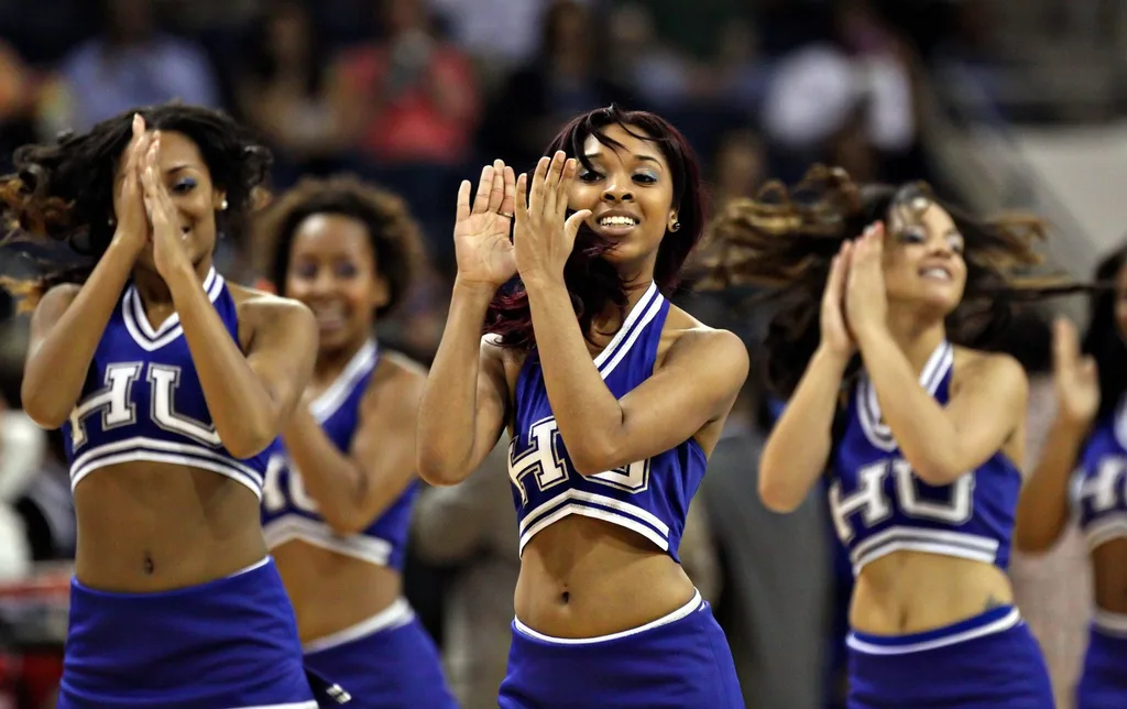 Mar 17, 2012; Norfolk, VA, USA; The Hampton Pirates cheerleaders perform during a time out against the Stanford Cardinal during the first half in the first round of the 2012 NCAA women's basketball tournament at Ted Constant Center. Mandatory Credit: Peter Casey-Imagn Images