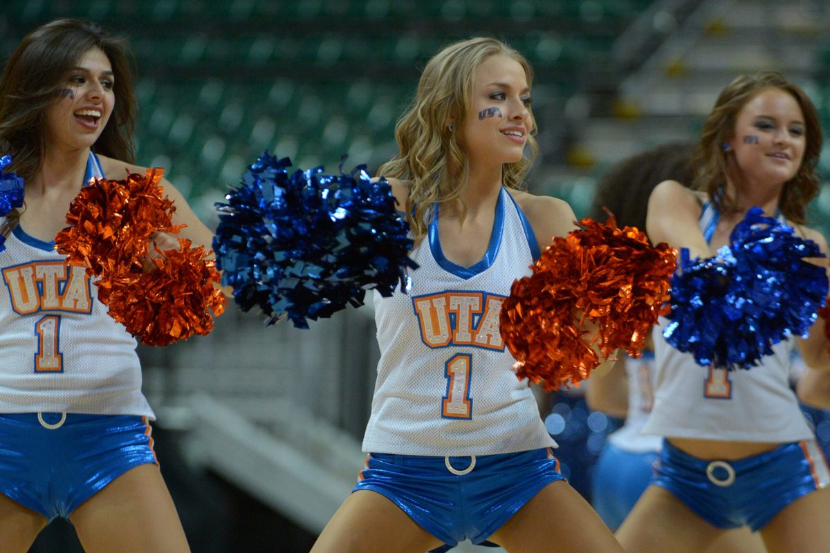 Mar 15, 2013; Las Vegas, NV, USA; UT Arlington Mavericks cheerleaders perform against the UTSA Roadrunners during the semifinals of the WAC tournament at Orleans Arena. Mandatory Credit: Kirby Lee-Imagn Images