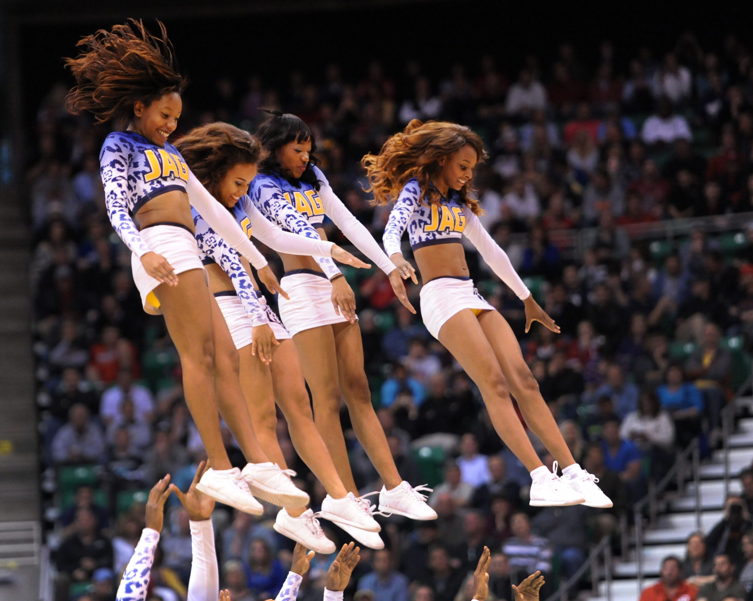 Mar 21, 2013; Salt Lake City, UT, USA; Members of the Southern University Jaguars cheerleaders perform in the second half of the game against the Gonzaga Bulldogs during the second round of the 2013 NCAA tournament at EnergySolutions Arena. Gonzaga won the game 64-58. Mandatory Credit: Steve Dykes-Imagn Images