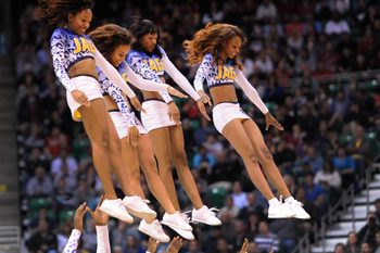 Mar 21, 2013; Salt Lake City, UT, USA; Members of the Southern University Jaguars cheerleaders perform in the second half of the game against the Gonzaga Bulldogs during the second round of the 2013 NCAA tournament at EnergySolutions Arena. Gonzaga won the game 64-58. Mandatory Credit: Steve Dykes-Imagn Images