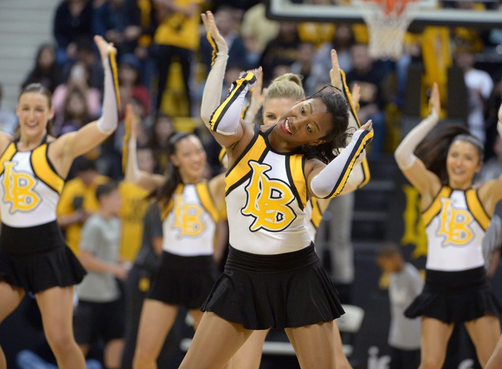Dec 19, 2013; Long Beach, CA, USA; Long Beach State 49ers cheerleaders perform during the game against the Southern California Trojans at Walter Pyramid. Mandatory Credit: Kirby Lee-Imagn Images