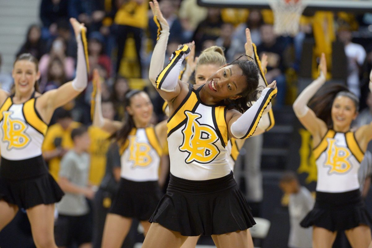 Dec 19, 2013; Long Beach, CA, USA; Long Beach State 49ers cheerleaders perform during the game against the Southern California Trojans at Walter Pyramid. Mandatory Credit: Kirby Lee-Imagn Images