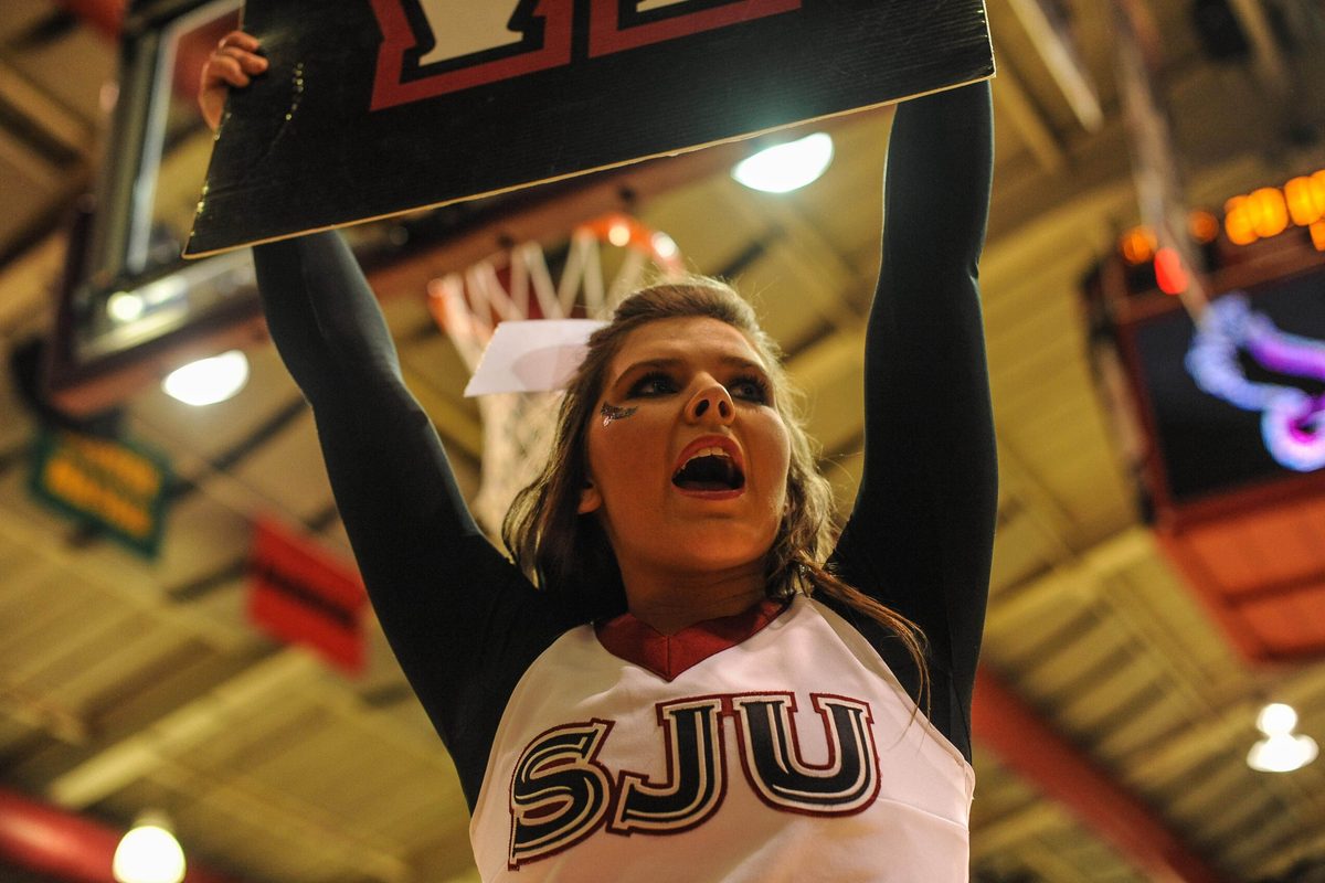Feb 5, 2014; Philadelphia, PA, USA; A Saint Joseph's Hawks cheerleader during the 1st half of the game against  the Saint Louis Billikens at Hagan Arena. Mandatory Credit: John Geliebter-Imagn Images