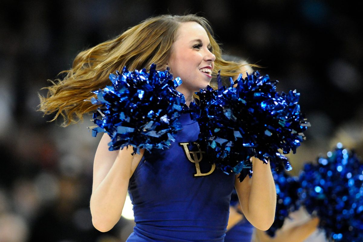 Mar 20, 2014; Spokane, WA, USA; Delaware Fightin Blue Hens cheerleader performs against the Michigan State Spartans in the first half of a men's college basketball game during the second round of the 2014 NCAA Tournament at Veterans Memorial Arena. Mandatory Credit: James Snook-Imagn Images