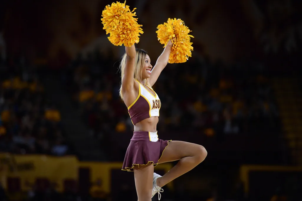 Jan 15, 2015; Tempe, AZ, USA; An Arizona State Sun Devils cheerleader performs against the Utah Utes at Wells-Fargo Arena. The Utes won 76-59 Mandatory Credit: Joe Camporeale-Imagn Images