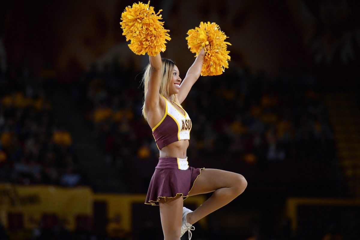 Jan 15, 2015; Tempe, AZ, USA; An Arizona State Sun Devils cheerleader performs against the Utah Utes at Wells-Fargo Arena. The Utes won 76-59 Mandatory Credit: Joe Camporeale-Imagn Images