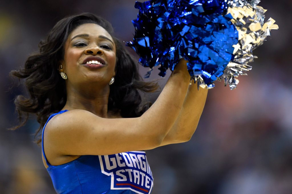 Mar 21, 2015; Jacksonville, FL, USA; A Georgia State Panthers cheerleader performs against the Xavier Musketeers in the second half of a game in the third round of the 2015 NCAA Tournament at Jacksonville Veterans Memorial Arena. Mandatory Credit: John David Mercer-Imagn Images