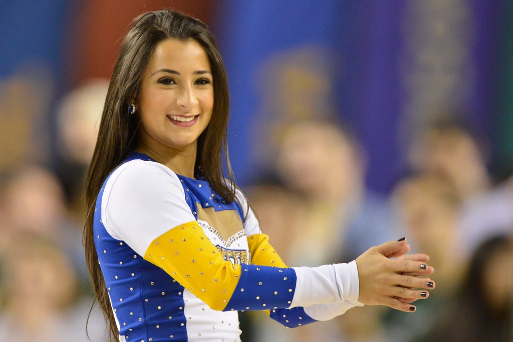 Mar 6, 2016; Baltimore, MD, USA; Hofstra Pride cheerleader preforms during the first half against the William & Mary Tribe during game one of the CAA conference tournament semi-finals at Royal Farms Arena. Mandatory Credit: Tommy Gilligan-Imagn Images