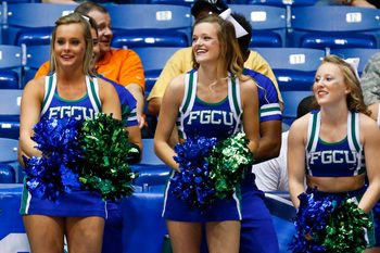 Mar 15, 2016; Dayton, OH, USA; Florida Gulf Coast Eagles cheerleaders look on during the first half against the Fairleigh Dickinson Knights of First Four of the NCAA men's college basketball tournament at Dayton Arena. Mandatory Credit: Rick Osentoski-Imagn Images