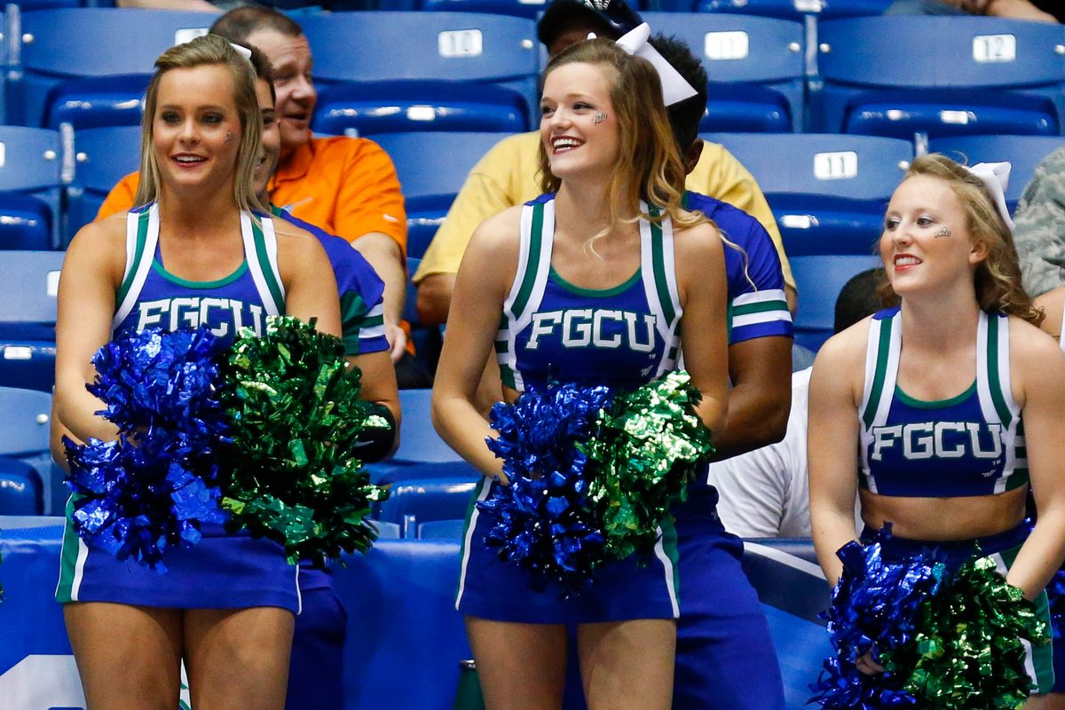 Mar 15, 2016; Dayton, OH, USA; Florida Gulf Coast Eagles cheerleaders look on during the first half against the Fairleigh Dickinson Knights of First Four of the NCAA men's college basketball tournament at Dayton Arena. Mandatory Credit: Rick Osentoski-Imagn Images