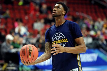 Mar 16, 2016; Des Moines, IA, USA; Chattanooga Mocs forward Tre' McLean (23) handles the ball during a practice day before the first round of the NCAA men's college basketball tournament at Wells Fargo Arena. Mandatory Credit: Steven Branscombe-Imagn Images