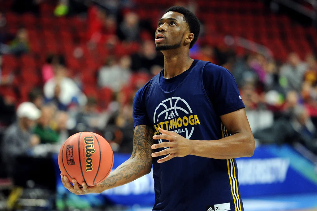 Mar 16, 2016; Des Moines, IA, USA; Chattanooga Mocs forward Tre' McLean (23) handles the ball during a practice day before the first round of the NCAA men's college basketball tournament at Wells Fargo Arena. Mandatory Credit: Steven Branscombe-Imagn Images