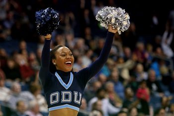 Jan 12, 2017; Norfolk, VA, USA; An Old Dominion Monarchs cheerleader during the second half against the Southern Miss Golden Eagles at the Ted Constant Convocation Center. Mandatory Credit: Peter Casey-Imagn Images