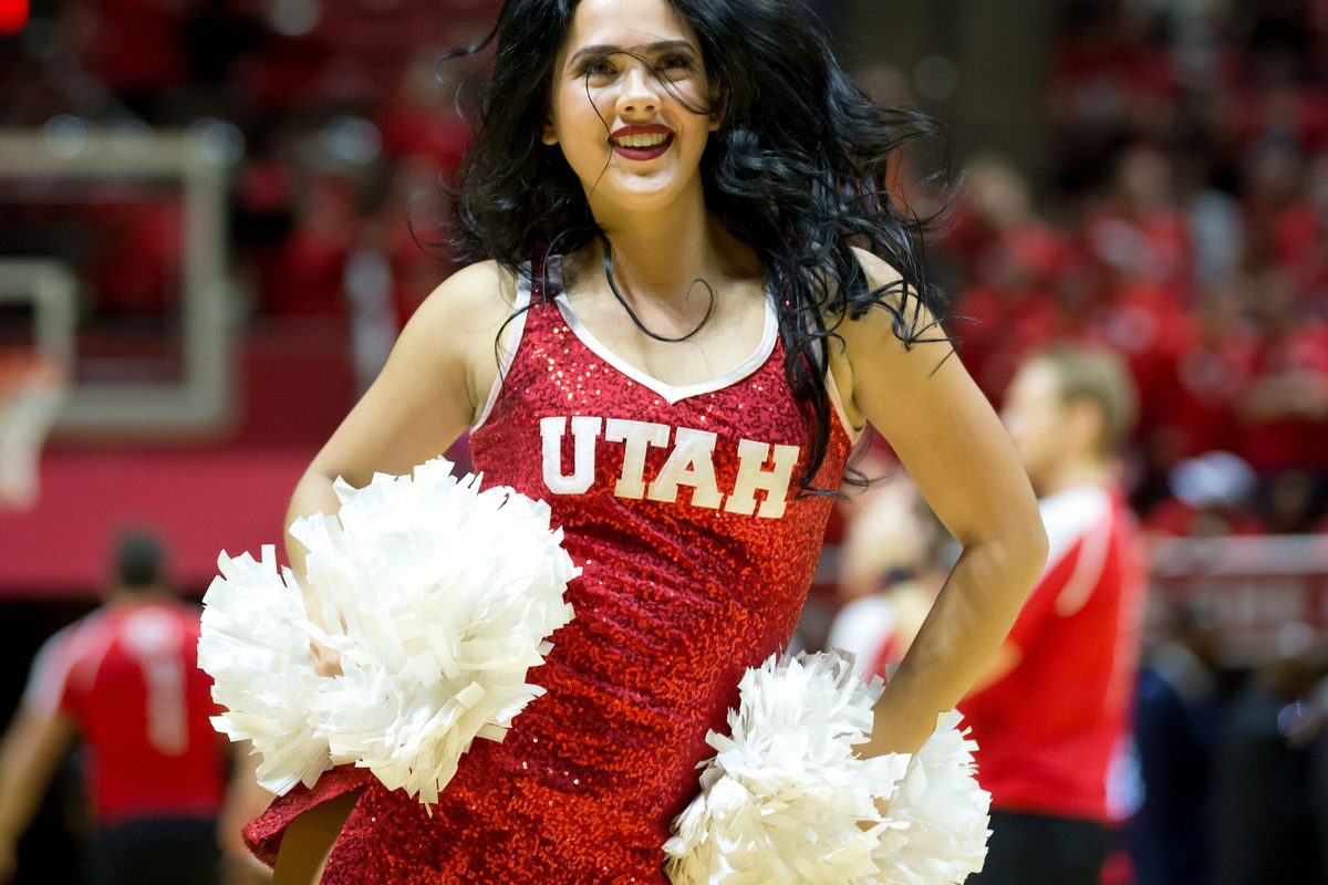 Feb 9, 2017; Salt Lake City, UT, USA; A Utah Utes cheerleader performs during a timeout in the second half against the Washington State Cougars at Jon M. Huntsman Center. Utah won 74-70. Mandatory Credit: Russ Isabella-Imagn Images