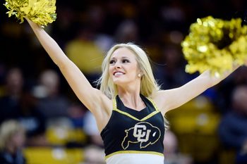 Mar 2, 2017; Boulder, CO, USA; Colorado Buffaloes cheerleader performs in the first half against the Stanford Cardinal at the Coors Events Center. Mandatory Credit: Ron Chenoy-Imagn Images