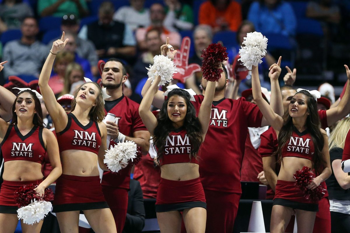 Mar 17, 2017; Tulsa, OK, USA; New Mexico State Aggies cheerleaders perform during the first half against the Baylor Bears in the first round of the 2017 NCAA Tournament at BOK Center. Mandatory Credit: Kevin Jairaj-Imagn Images