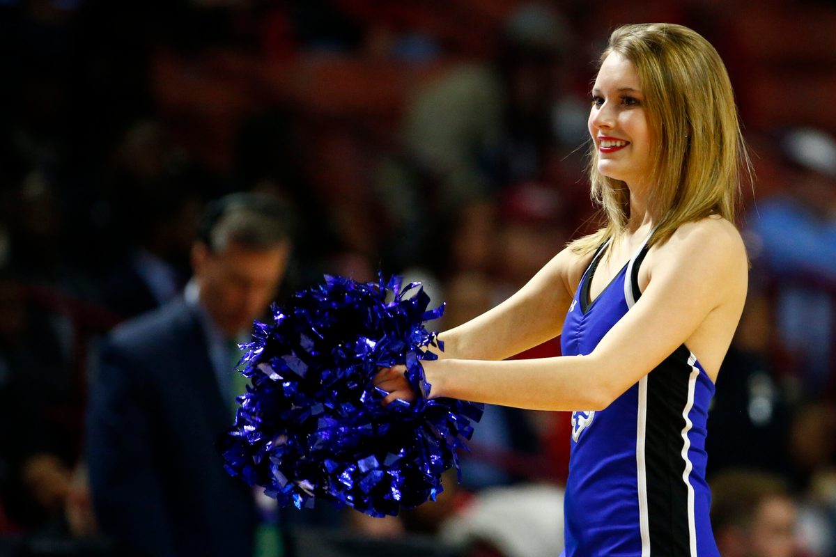 Mar 17, 2017; Greenville, SC, USA; The Seton Hall Pirates cheerleaders performs during the first half against the Arkansas Razorbacks in the first round of the 2017 NCAA Tournament at Bon Secours Wellness Arena. Mandatory Credit: Jeremy Brevard-Imagn Images