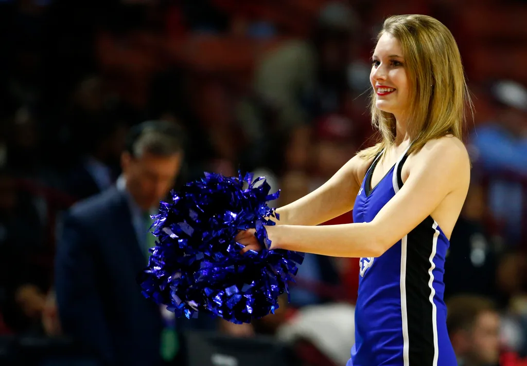 Mar 17, 2017; Greenville, SC, USA; The Seton Hall Pirates cheerleaders performs during the first half against the Arkansas Razorbacks in the first round of the 2017 NCAA Tournament at Bon Secours Wellness Arena. Mandatory Credit: Jeremy Brevard-Imagn Images