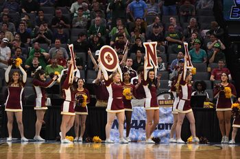 Mar 17, 2017; Sacramento, CA, USA; The Iona Gaels cheerleaders perform on the sidelines in the first round of the 2017 NCAA Tournament against the Oregon Ducks at Golden 1 Center. Mandatory Credit: Kyle Terada-Imagn Images