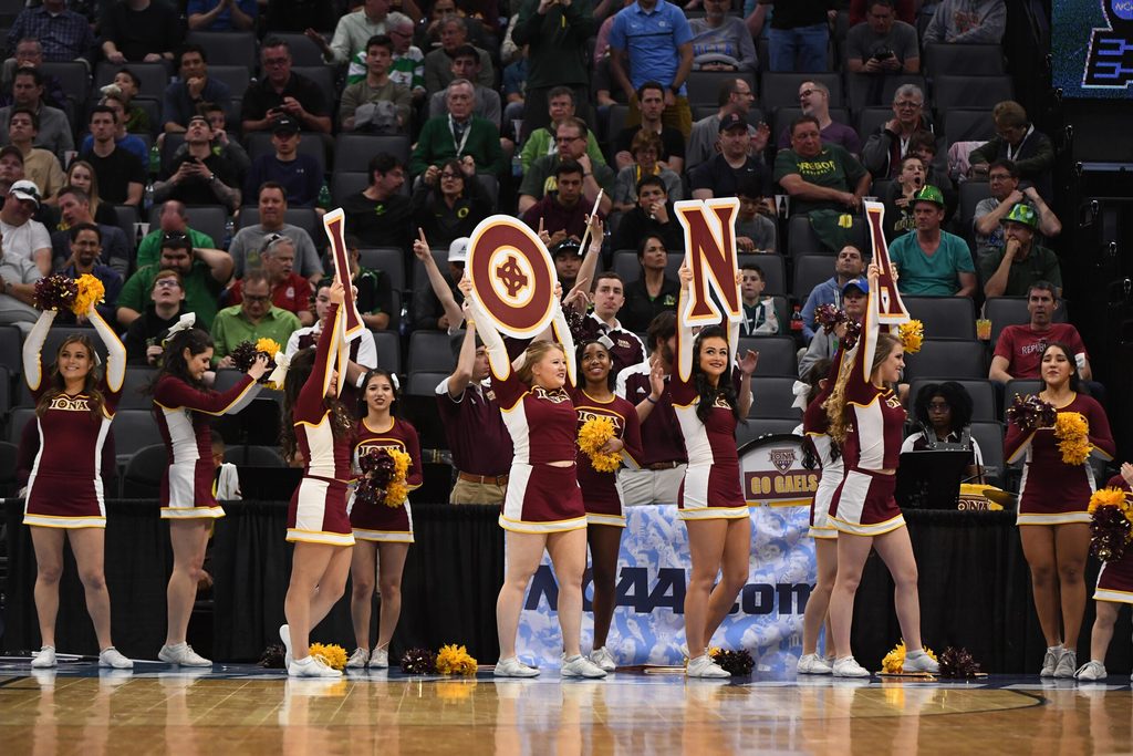 Mar 17, 2017; Sacramento, CA, USA; The Iona Gaels cheerleaders perform on the sidelines in the first round of the 2017 NCAA Tournament against the Oregon Ducks at Golden 1 Center. Mandatory Credit: Kyle Terada-Imagn Images
