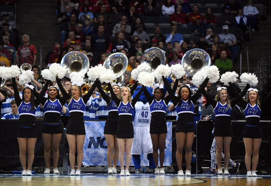 Mar 18, 2017; Milwaukee, WI, USA; The Middle Tennessee Blue Raiders cheerleaders perform during the game against the Butler Bulldogs in the second round of the 2017 NCAA Tournament at BMO Harris Bradley Center. Mandatory Credit: James Lang-Imagn Images