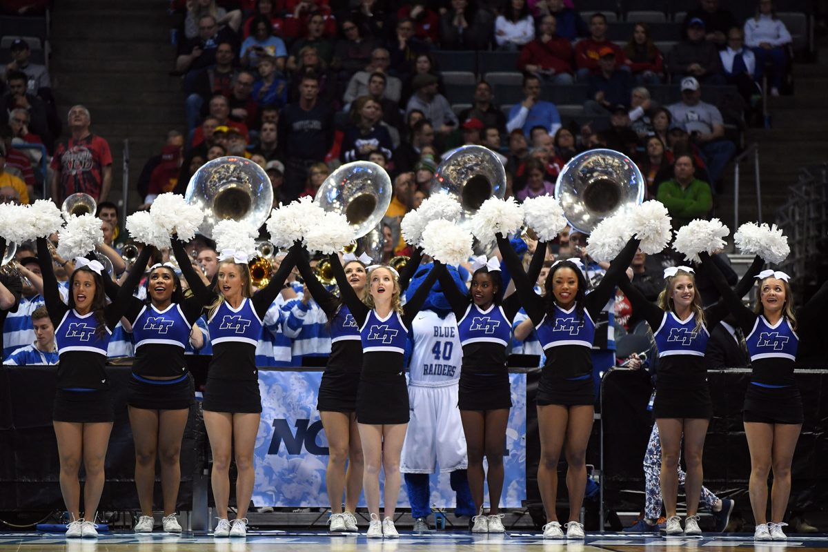 Mar 18, 2017; Milwaukee, WI, USA; The Middle Tennessee Blue Raiders cheerleaders perform during the game against the Butler Bulldogs in the second round of the 2017 NCAA Tournament at BMO Harris Bradley Center. Mandatory Credit: James Lang-Imagn Images
