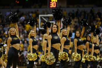 Nov 20, 2017; Columbia, MO, USA; The Missouri Tigers cheerleaders perform in the second half of the game against the Emporia State Hornets at Mizzou Arena. Mandatory Credit: Jay Biggerstaff-Imagn Images