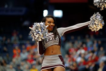 Mar 14, 2018; Dayton, OH, USA; Texas Southern Tigers cheerleader is seen at the game against the North Carolina Central Eagles during the First Four of the 2018 NCAA Tournament at Dayton Arena. Mandatory Credit: Rick Osentoski-Imagn Images