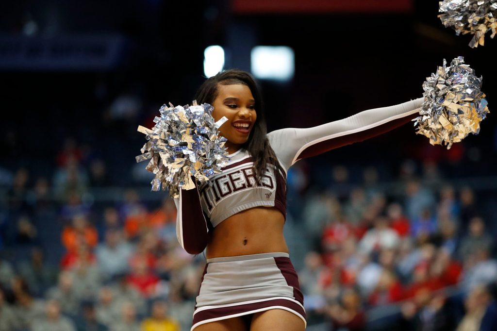 Mar 14, 2018; Dayton, OH, USA; Texas Southern Tigers cheerleader is seen at the game against the North Carolina Central Eagles during the First Four of the 2018 NCAA Tournament at Dayton Arena. Mandatory Credit: Rick Osentoski-Imagn Images