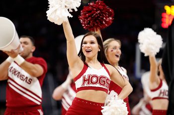 Mar 16, 2018; Detroit, MI, USA; Arkansas Razorbacks cheerleader at the game against the Butler Bulldogs in the first round of the 2018 NCAA Tournament at Little Caesars Arena. Mandatory Credit: Raj Mehta-Imagn Images