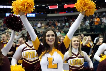 Mar 17, 2018; Dallas, TX, USA; Loyola (Il) Ramblers cheerleader before the game against the Tennessee Volunteers in the second round of the 2018 NCAA Tournament at American Airlines Center. Mandatory Credit: Matthew Emmons-Imagn Images