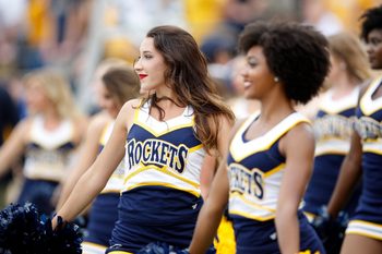 Sep 15, 2018; Toledo, OH, USA; Toledo Rockets cheerleaders perform during the first quarter against the Miami Hurricanes at Glass Bowl. Mandatory Credit: Raj Mehta-Imagn Images