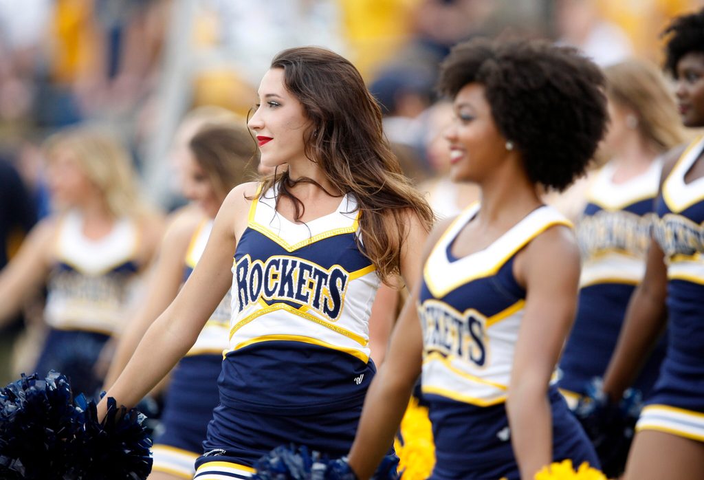Sep 15, 2018; Toledo, OH, USA; Toledo Rockets cheerleaders perform during the first quarter against the Miami Hurricanes at Glass Bowl. Mandatory Credit: Raj Mehta-Imagn Images