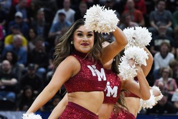 Mar 21, 2019; Salt Lake City, UT, USA; New Mexico State Aggies cheerleaders perform during the first half in the first round of the 2019 NCAA Tournament against the Auburn Tigers at Vivint Smart Home Arena. Mandatory Credit: Kirby Lee-Imagn Images