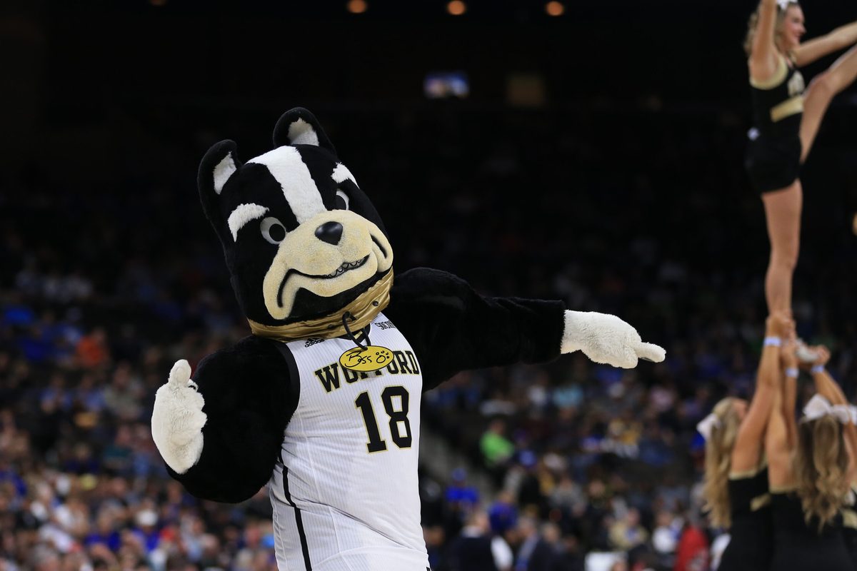 Mar 21, 2019; Jacksonville, FL, USA; Wofford Terriers mascot \"Boss\" and cheerleaders preform on the court during a stoppage in play against the Seton Hall Pirates during the first half in the first round of the 2019 NCAA Tournament at Jacksonville Veterans Memorial Arena. Mandatory Credit: Matt Stamey-Imagn Images