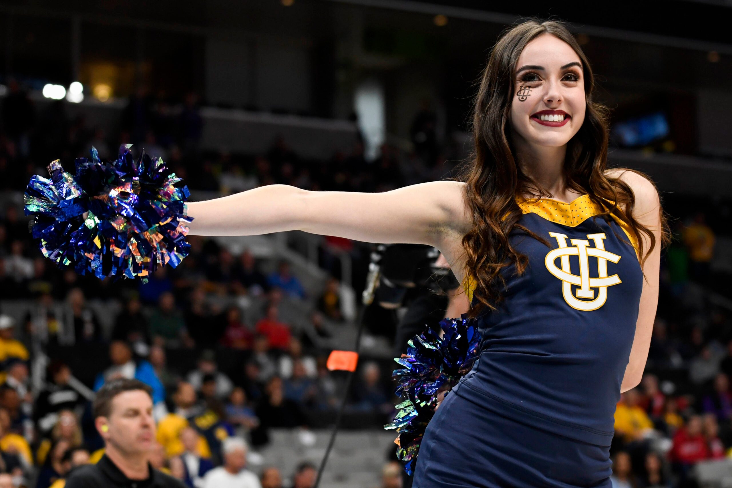 Mar 22, 2019; San Jose, CA, USA; UC Irvine Anteaters cheerleader performs during the first half in the first round of the 2019 NCAA Tournament between the UC Irvine Anteaters and the Kansas State Wildcats at SAP Center. Mandatory Credit: Kelley L Cox-Imagn Images