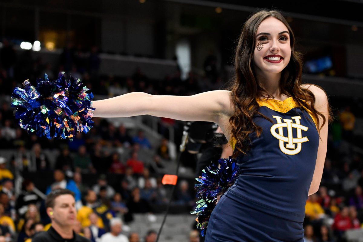 Mar 22, 2019; San Jose, CA, USA; UC Irvine Anteaters cheerleader performs during the first half in the first round of the 2019 NCAA Tournament between the UC Irvine Anteaters and the Kansas State Wildcats at SAP Center. Mandatory Credit: Kelley L Cox-Imagn Images
